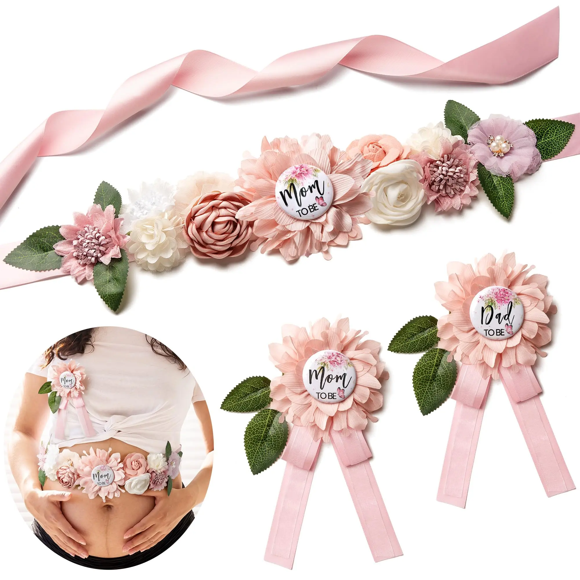 Maternity Shower Sash & Pregnancy Belt Set - Pink Flower Sash, Mom to Be & Dad to Be Corsage Pins for Gender Reveal Costume Jewelry Accessory