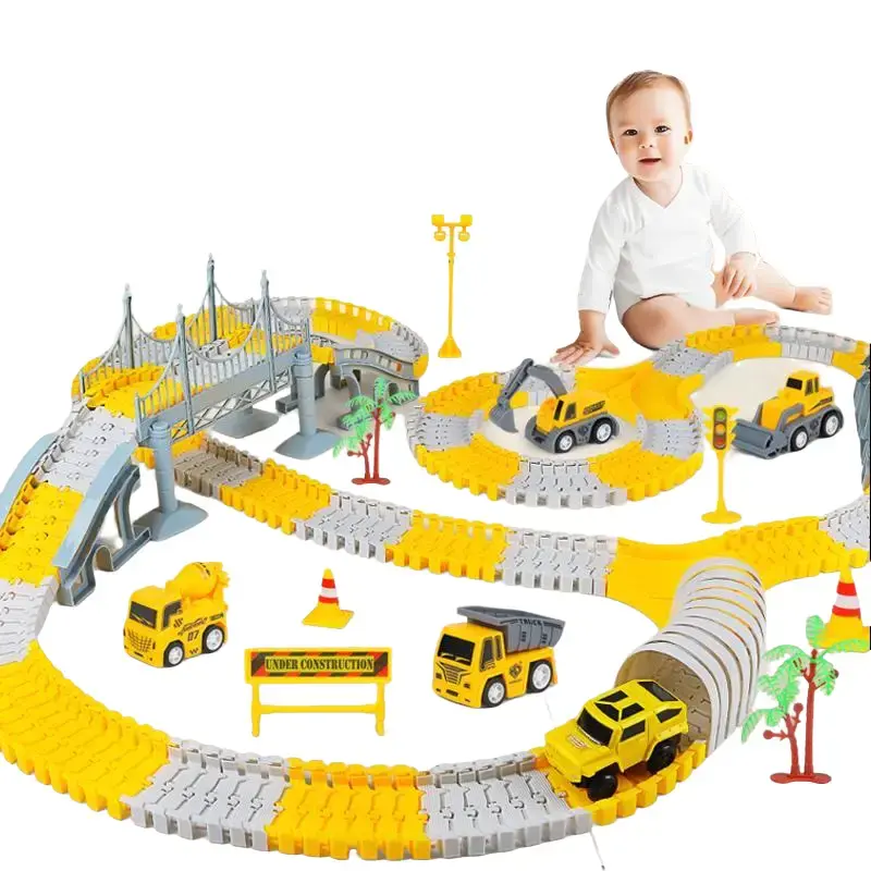 Kids Construction Flexible Bendable Track Toy Set, Electric Engineering Vehicle DIY Railway Building Kit with Excavator Truck, Educational STEM Assembly Playset Gift for 3-7 Year Old Toddlers, Backhoe Car