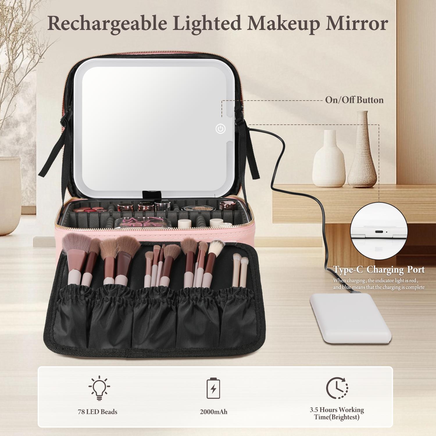 Behaesty Portable Makeup Bag with 3-Color LED Light Detachable Mirror 2000mAh USB Rechargeable Waterproof PU Leather Organizer Compact Travel Cosmetic Pouch Vanity Purse  Zip Summervibes