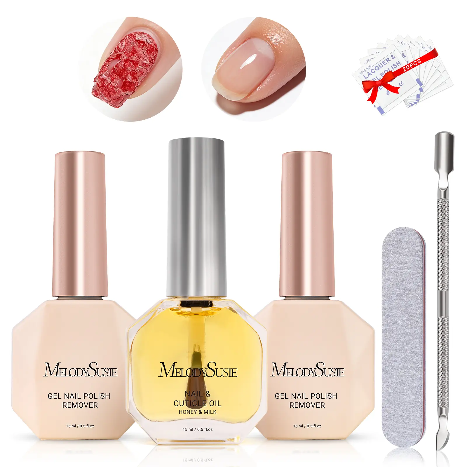 MelodySusie Cuticle Oil, No Need to Wrap and Soak, Remove Gel Polish in 2-5 Minutes at Home No Damage to Nails with Cuticle Pusher Tool Nail File Wipes