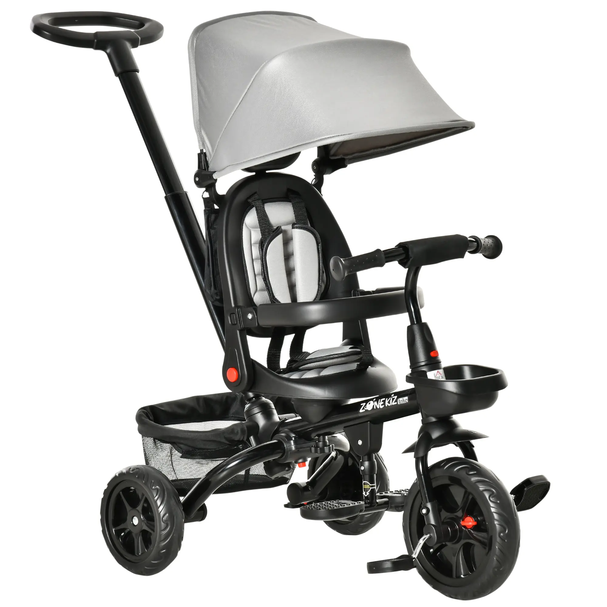 #tiktokshopbacktoschool【4 in 1 Trike】Qaba Kids Tricycle 4 in 1 Trike with Reversible Seat, 2.8'-3.1' Height Push Handle, Canopy, Handrail, Safety Belt, Storage Footrest Brake Clutch, for 1-5 Years Old