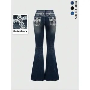 Grunge Punk Y2K retro pocket cross wing embroidered flared leg women's stretch jeans