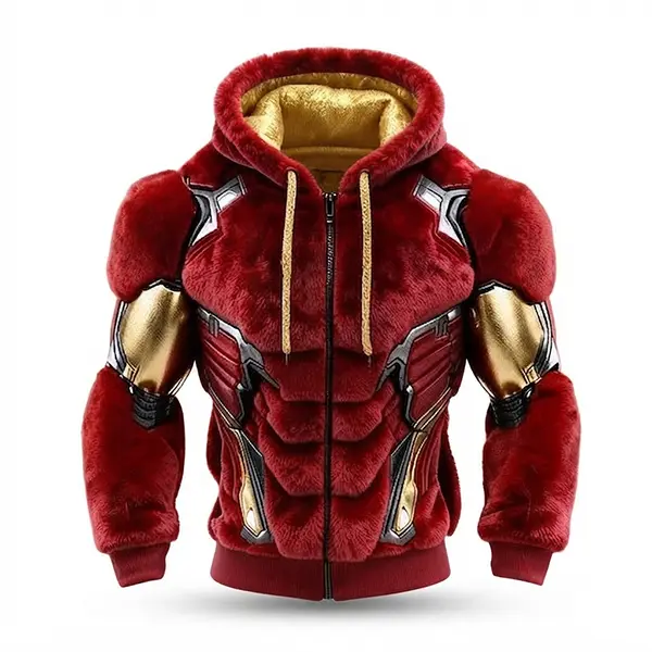 Men's Iron Hero Inspired Plush Fleece Zip-Up Hoodie – Warm Winter Sherpa Hooded Jacket, Muscle Fit Faux Armor Design, Soft Teddy Fleece Sweatshirt (Red & Gold)