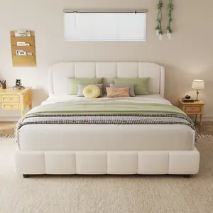 Queen Size Platform Bed with Boucle Fabric, Soft Boucle Fabric Upholstered Platform bed with Curve-Shaped Design Headboard, Beige, Easy Assembly