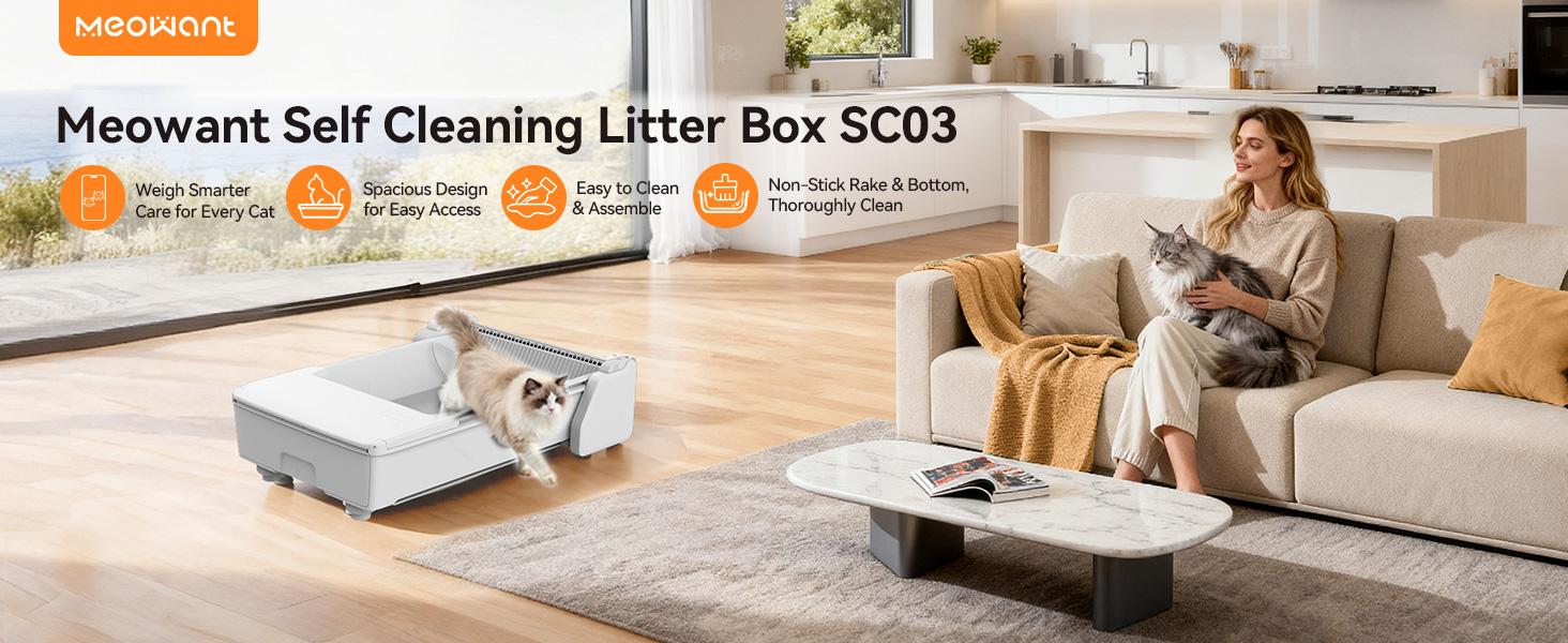 Meowant SC03 Self Cleaning Litter Box, Automatic Litter Box with App Control, Open Top Cat Litterbox for Multiple Cats, Works with Clumping Litter, Anti Pinch Safety Feature, Dual Rake, Odor Control