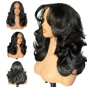 [Detroit Layers] Beginher Hair Extra Full & Voluminous 20 inches Middle Part Heat Resistance Fiber 250% Density Big-Head Friendly Kash Doll Curl Farrah Fawcett Layers 4x4x1 T-Part Lace Synthetic Pre-Cut Glueless Wigs Natural Black Color