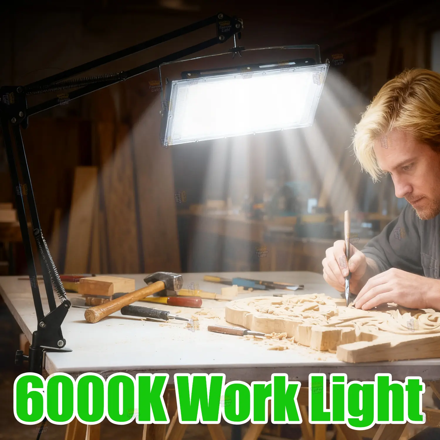 OYCIJE LED work light 6000K with desktop stand, adjustable height/angle, with 96/144 high-bright white light beads and USB plug and switch and 150cm power cord, suitable for workshop, warehouse, office desk lighting.