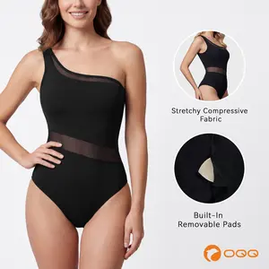 OQQfitness Womenswear Swimsuit Mesh Sheer One Shoulder Panel One-Piece Modern Swimsuit Tummy Control Bathing Suit
