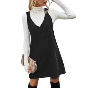 Wenrine Women's V Neck Corduroy Overall Dress Casual Loose Short Pinafore Dresses Cute Mini Jumper Dress