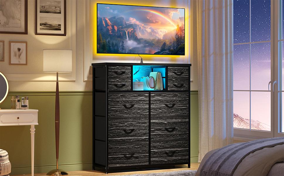 RaybeeFurniture 10 Fabric Drawers Dresser for Bedroom, with Charging Station and LED, Sturdy Bedroom Dresser for Storage, Closet, Hallway RaybeeFurniture 10 Fabric Drawers Dresser for Bedroom, with Charging Station and LED, Sturdy Bedroom Dresser for Storage, Closet, Hallway