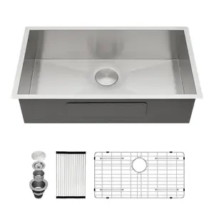 Kichae 30 Inch Undermount Kitchen Sink Single Bowl 16 Gauge Stainless Steel Under Counter Round Corner Handmade Kitchen Sink 30x18x9
