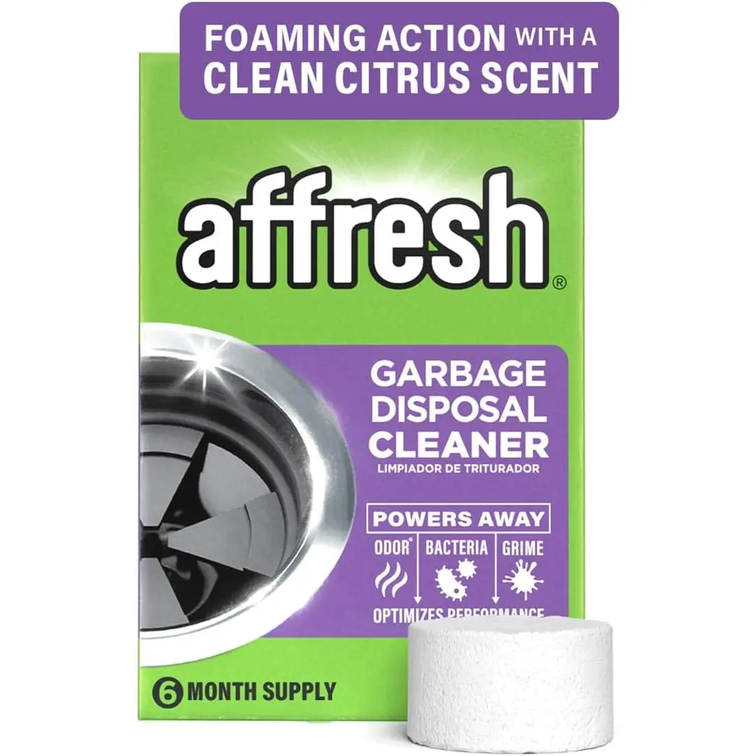 Affresh Garbage Disposal Cleaner, Helps Power Away Odor Causing Bacteria, Debris & Grime in Grind Chamber, Impeller & Drain Pipe, 6 Tablets, 6 Month Supply