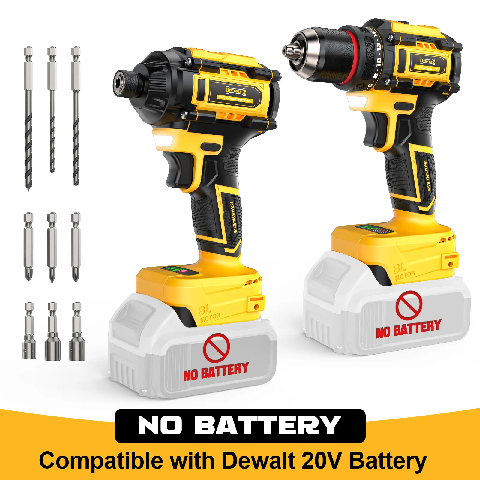 Cordless Drill and Impact Driver Combo Kit Compatible with DeWalt/Milwaukee Battery(NO BATTERY!!), Brushless 1/4" Driver and 3/8" Power Drill with LED Light summervibes