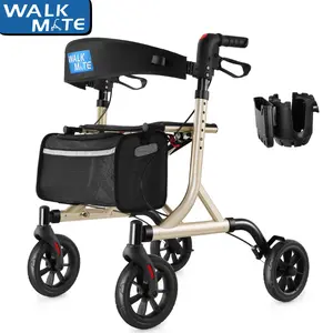 WALK MATE Rollator Walker for Seniors with Cup Holder, Upgraded Thumb Press Button for Height Adjustment, 8 Inch Wheels Walker with Seat Folding 14.8lb Lightweight Walking Aid, 300 lb Capacity, Gold