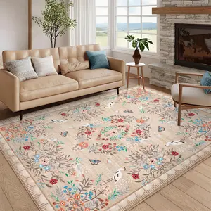 Vintage Floral Print Rug Washable Large-size Oriental Distressed Rug Soft Non-slip Foldable for Apartments Dining Rooms Living Rooms Offices Laundry Rooms and Bedrooms