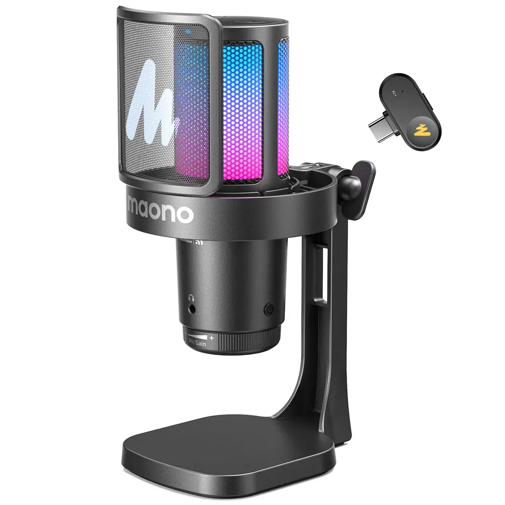 MAONO DGM20W Wireless & Wired USB Gaming Microphone - Noise Cancellation, Quick Mute, Gain Control & RGB Lighting for PC, PS5, Twitch Streaming, Discord & Content Creation