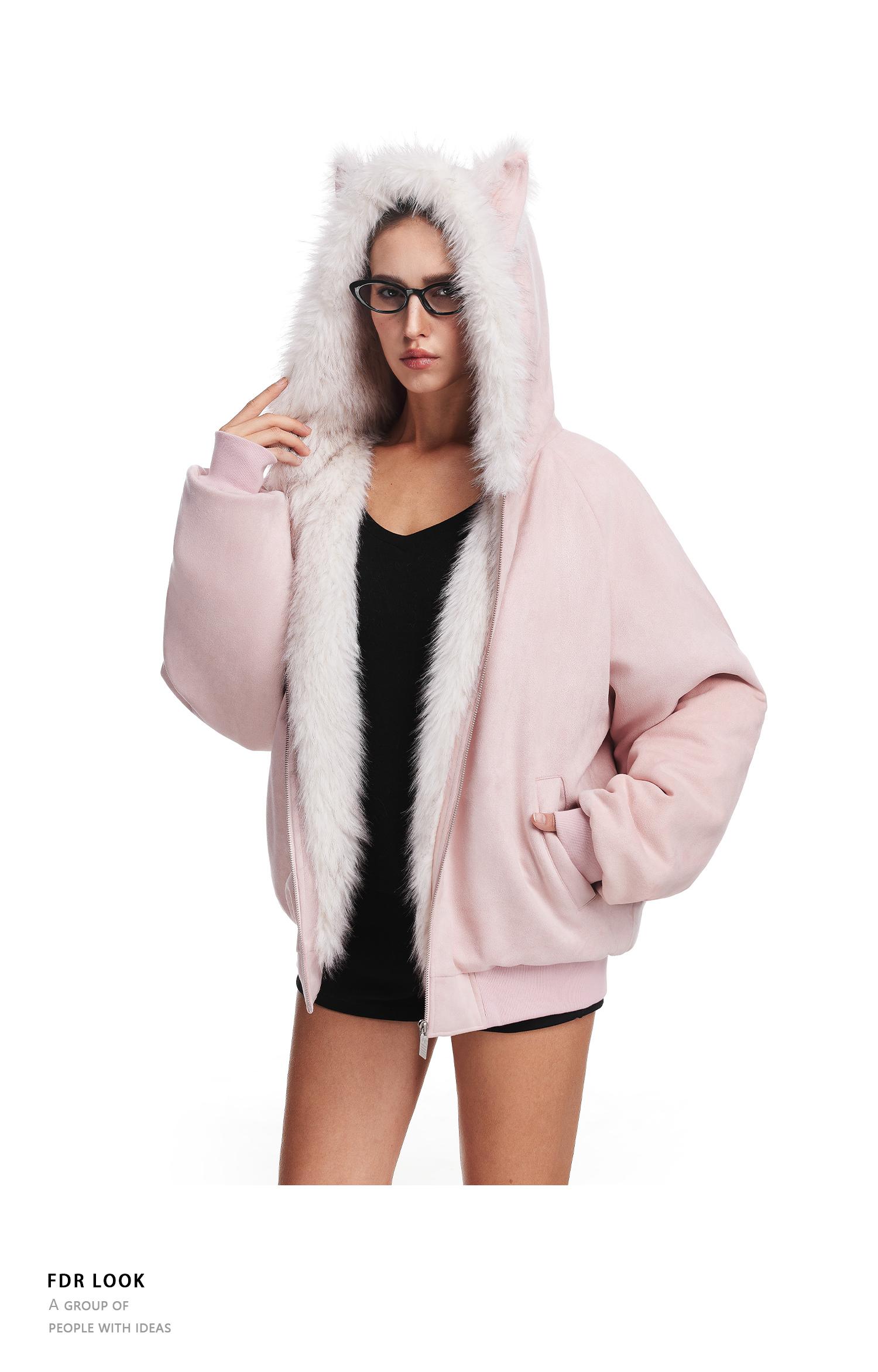 FDR Oversized Faux Suede Cozy Jacket with Cat Ears & Leopard Print Soft Warm Faux Fur Lining Unisex  Womenswear Sweatshirts Fall Fashion Coat Winter Outfits