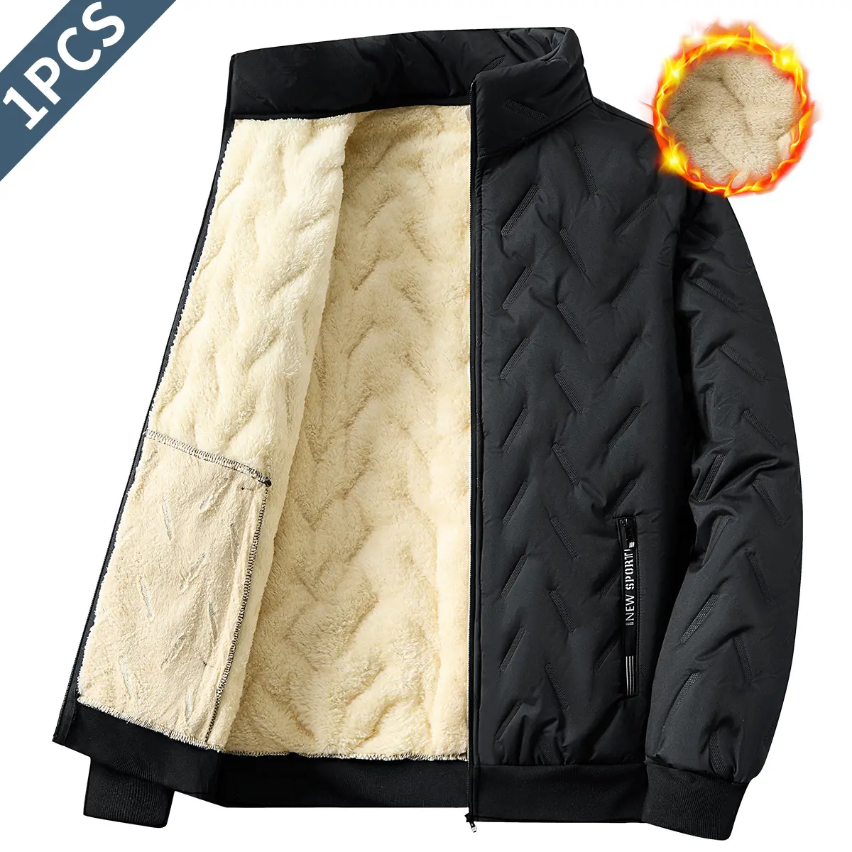 Men's Beige Oversized Baggy Winter Coat - Thick Sherpa-Lined, Casual Stand Collar, Woven Retro Windproof Outer, Full Zipper, Plain Design, Pull-On Closure for Cold Weather