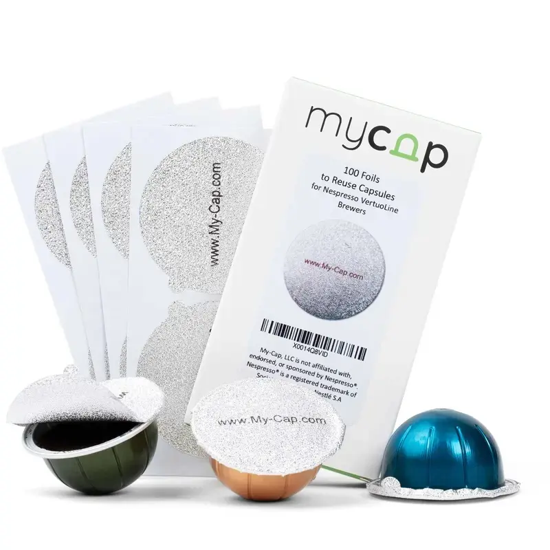 Reusable Aluminum Foil Lids for Nespresso Vertuoline Coffee Capsules, My-Cap Brand (Pack of 100), Reusable Lids, Coffee Station Accessories, Capsule Shape
