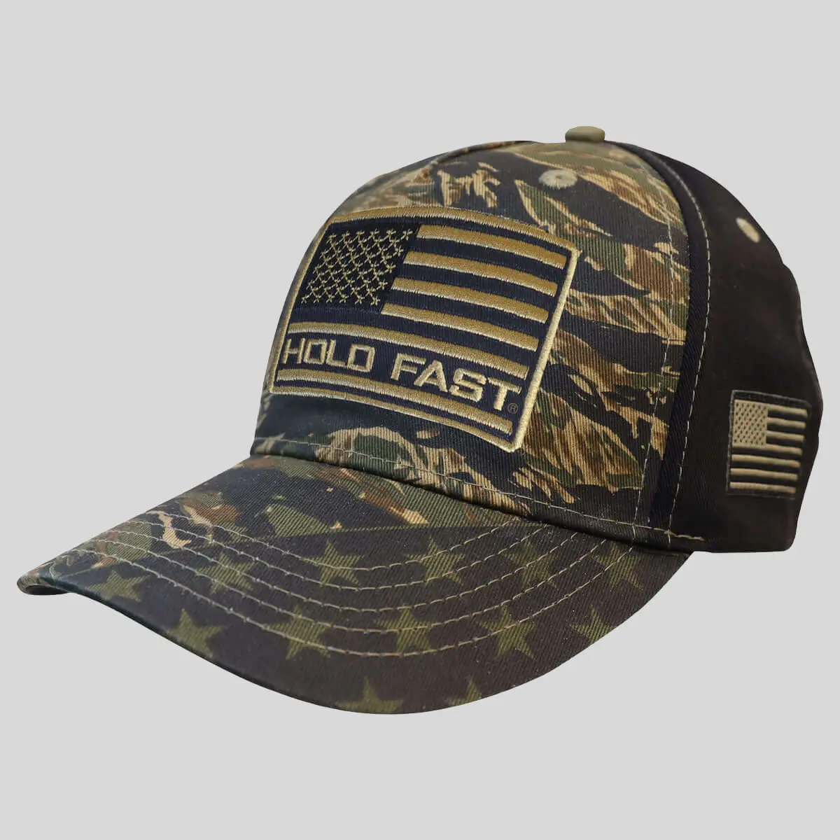 Men's Tiger Stripe Camo Baseball Cap, 100% Cotton Patriotic Clothes Accessory with National Emblem & US Flag, Adjustable Hook & Loop Closure for Male Casual Wear, Camouflage, Hold Fast®, Adjustable Velcro, Mens Hats, Us Flag Patch