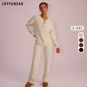Joyfunear Women's Waffle Knit Loungewear Set Cozy Button Front Top & Wide Leg Pants Soft Fabric for Relaxation at Home Chic Elegance Homewear Pjs