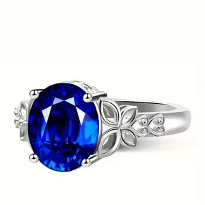 【HXS】925 Sterling Silver Oval Blue Sapphire Ring Floral Filigree Engagement Promise Ring for Women
