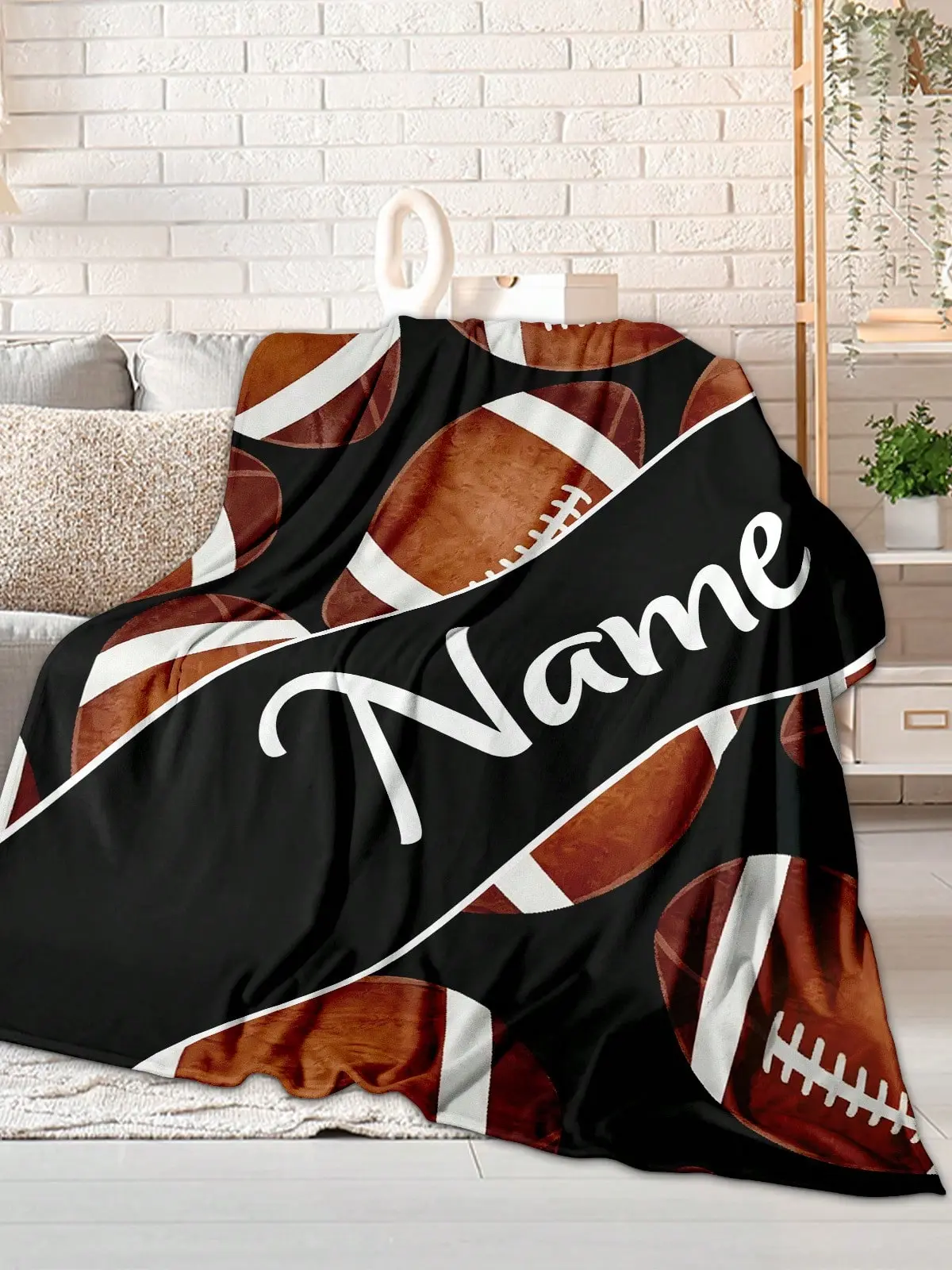 [Personalized Football Print Flannel Blanket] - Brown Black White Sport-Themed Flannel Fabric Throw, Soft Texture Lightweight Digital Print, Warm for Home & Outdoors, All-Season Comfort