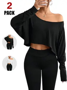 TFNOSIZE Women’s Long Sleeve Off-Shoulder Loose T-Shirt | New Sexy Asymmetrical Shoulder Design | Essential Layering Basic Piece | Casual Street Style Y2K Spring/Summer Fashion | Comfortable, Simple, Breathable, Versatile Short T-Shirt for Everyday Wear —