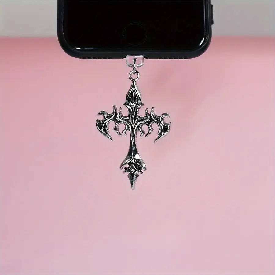 Flame Cross and Heart Cross mobile phone dust plug hanging decoration, Phone Accessory, suitable for dust protection decoration of iPhone, Samsung, Xiaomi, Huawei Type-C interface, can be matched with keychains and bag accessories, Cell Phone Charm
