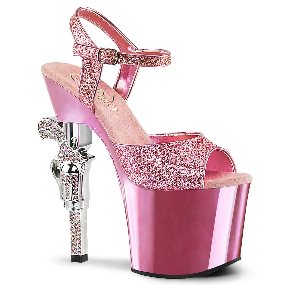 Pleaser Revolver-709G Women's Stylish Fashion Platform Sandals - Sparkly Gun-Heel Pleaser High Heels, Party Wear Statement Shoes for Special Occasions, Platform Shoes, Sparkly Party Shoes