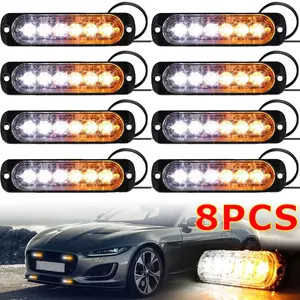 8PCS LED Emergency Strobe Light, Amber White 6-LED Ultra Slim Surface Mount Flashing Warning Hazard Caution Light Bar for Car Truck Off Road Vehicles