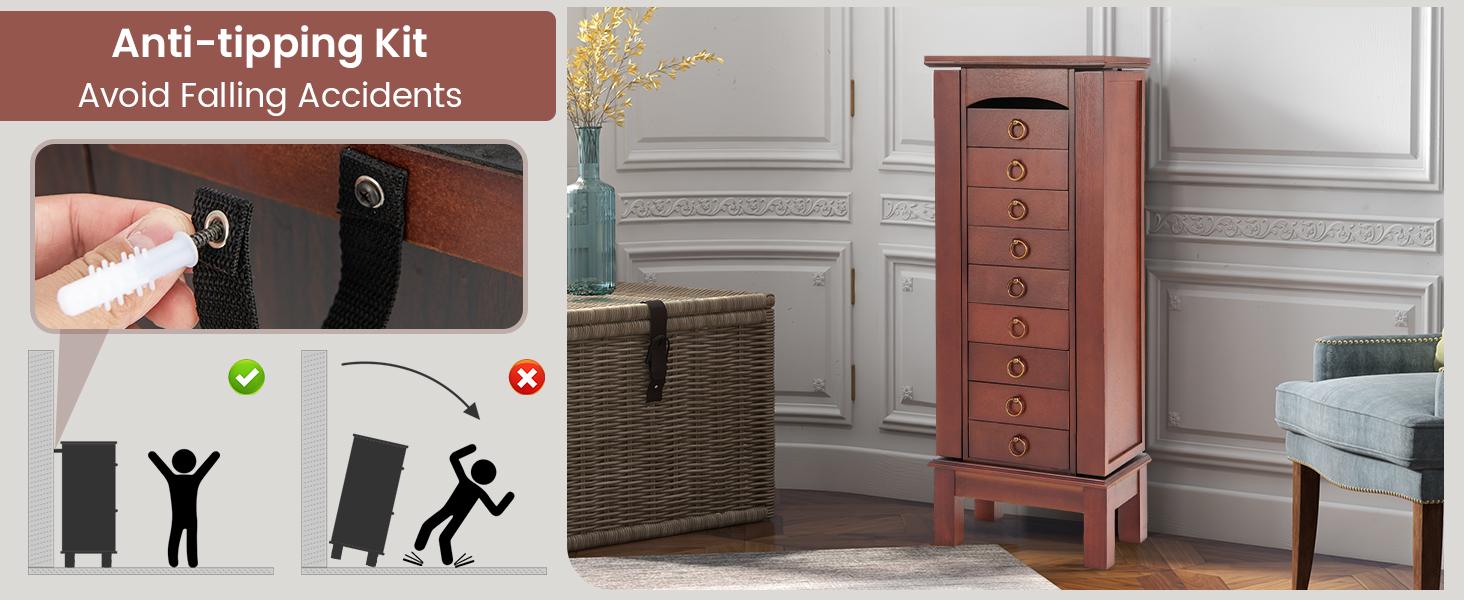 Giantex Large Jewelry Armoire Cabinet with Drawers & Swing Doors Hooks Top Mirror Boxes, Standing Cambered Front Storage Chest Stand, Large Standing Jewelry Armoire, Dark Walnut