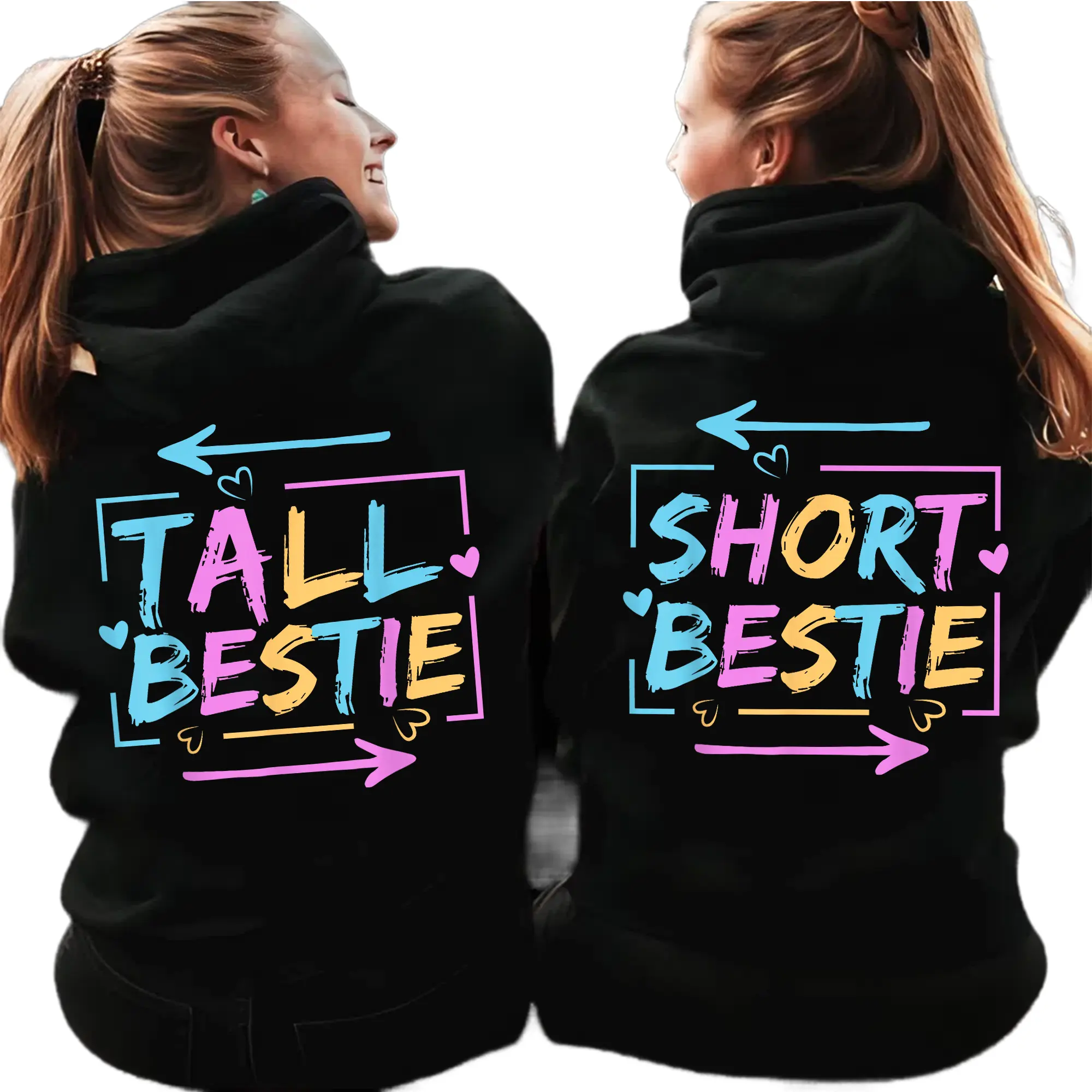 Women's Tall-Short Besties Matching Long Sleeve Hoodie - Spandex Seamless Casual BFF Hooded Sweatshirt with Pocket, Cute Gift for Friends, Made in USA, Women's Hoodies, Tops, Durable Yarn For Repeat Wear, Clothes