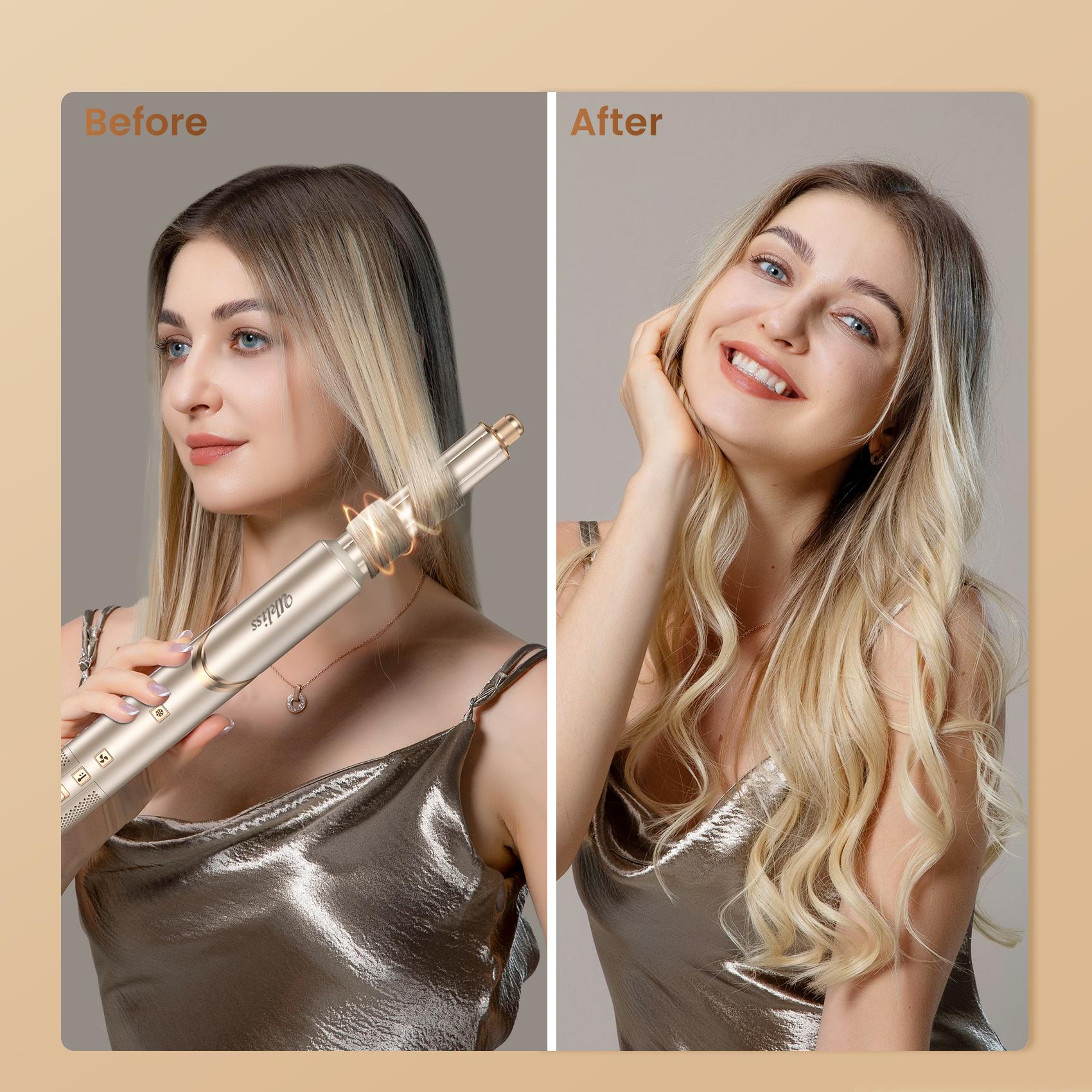 UKLISS FusionAir DIY HairStyler Airstyler Champagne Gold 90-Day Free Trial & Refund 2 Year Warranty 110000RPM HairCurler + HairStraightener + HairDryer + HotAirBrush + LowTemperatureHairCare + NegativeIons + BlowoutBoost + HairDiffuser + Fluffier