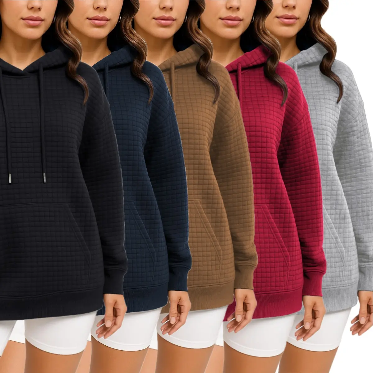 Women's Waffle-Weave Hooded Sweatshirt - Long Sleeves, Kangaroo Pocket Pullover, Drawstring Comfort, Cozy Fall Winter Essential, Multi-Color Customized Hoodies for Women, Women's Hoodies