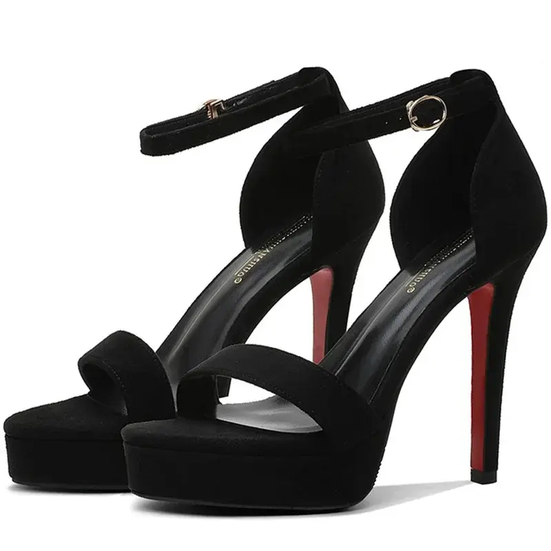 Women Suede Black Sandals 12cm High Heels 2cm Platform Lady Stiletto Strappy Catwalk Fetish Party Evening Dressy Summer Fashion 2026, Adjustable, Everyday, Grip, Pointed Toe, Multi Purpose, Bohemian, Arch Support Modern