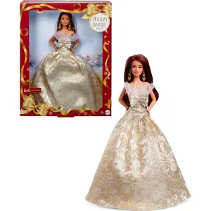 Barbie Signature 2025 Holiday Barbie Fashion Doll, Seasonal Collector, Dark Brown Hair with Silver & Gold Gown