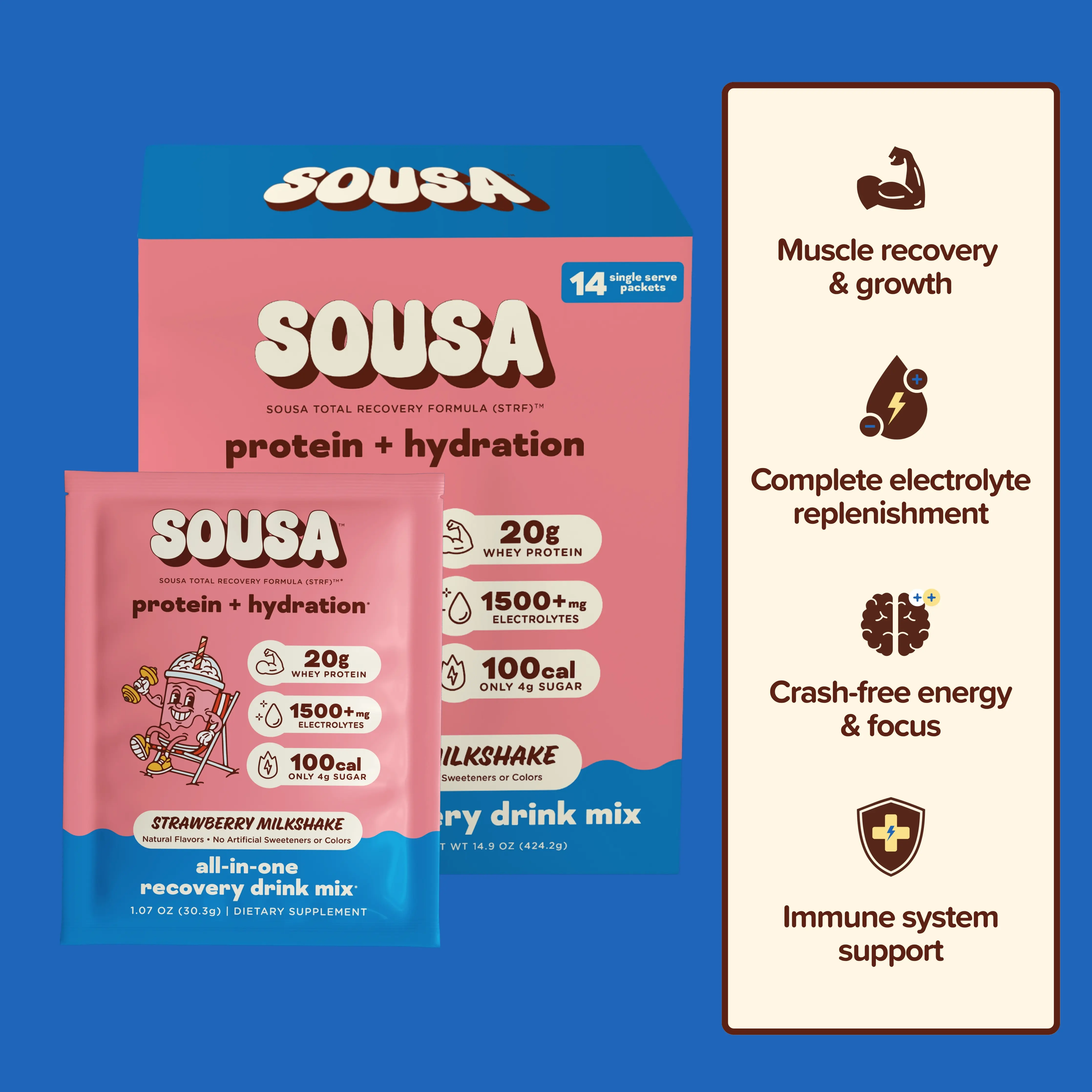 Sousa Edible Dietary Premium Protein + Hydration Powder Drink Mix, 14 Single-Serve Fitness Supplements, 3 Flavors (Strawberry Vanilla, Salted Caramel), 20g Whey, 1500mg Electrolytes, Caffeine-Free Youth Sports Nutrition for Training Recovery, Sports Nutri