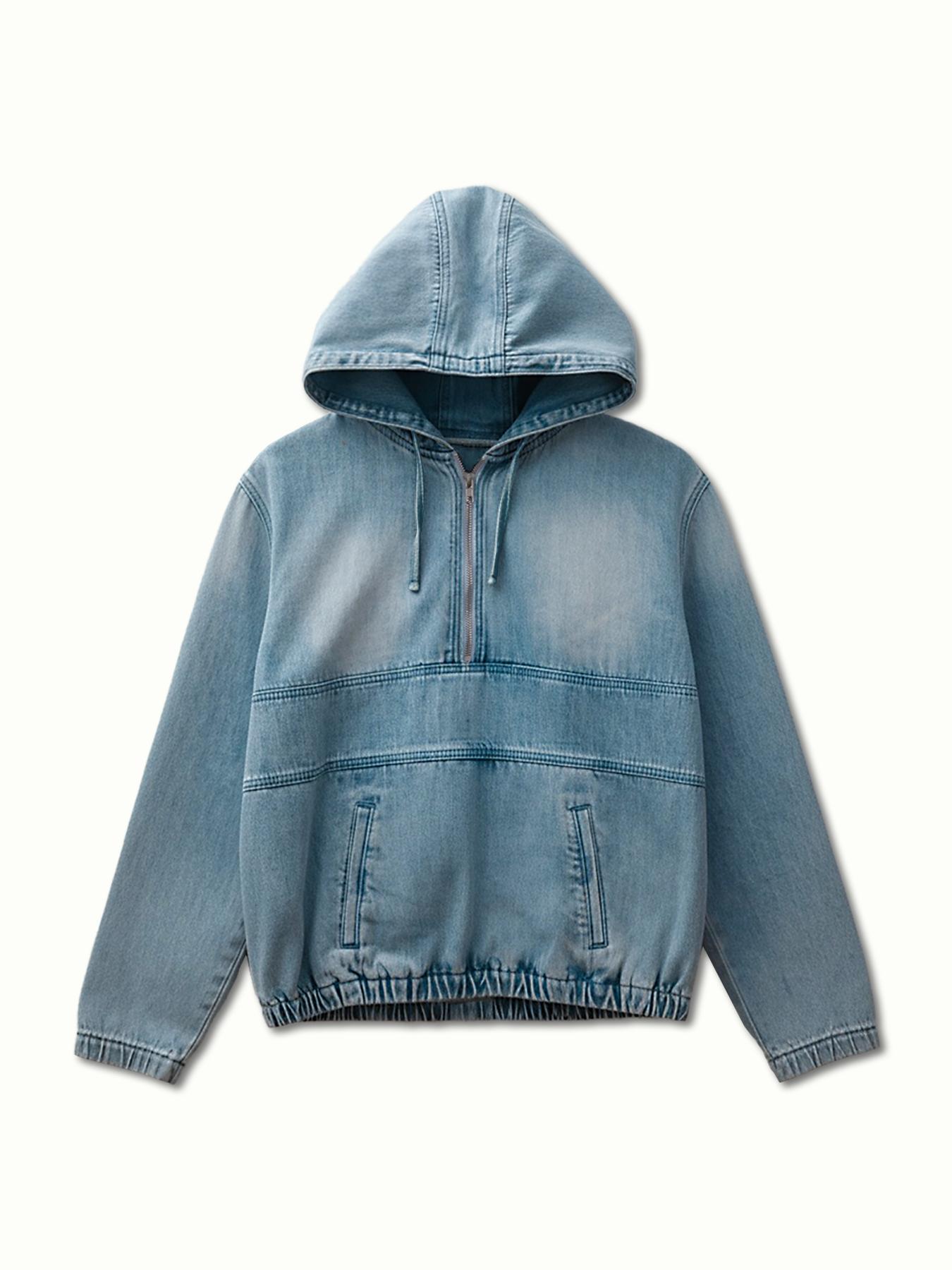 USBoutique Chic [S-5XL] Women's Half Zip Denim Hoodie Pullover Jacket Jean Tops Casual