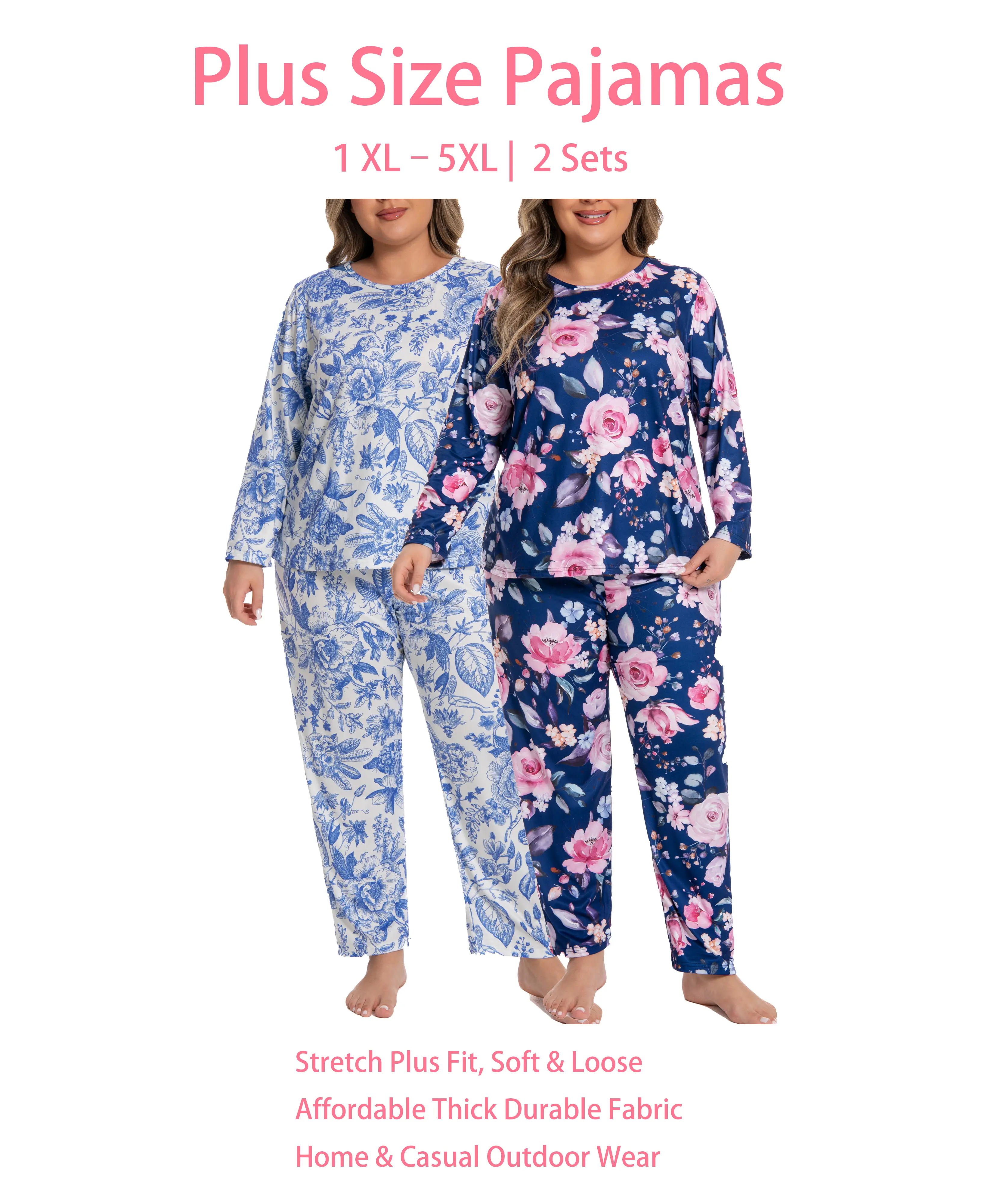 Women's Plus Size 1XL-5XL Knitting 2-Piece Pyjama Set, Long Sleeve Top & Full-Length Pants, Soft Breathable Mixed Floral Casual Loungewear Home Outfits (Includes 2XL, 3XL, 4XL Sizes)