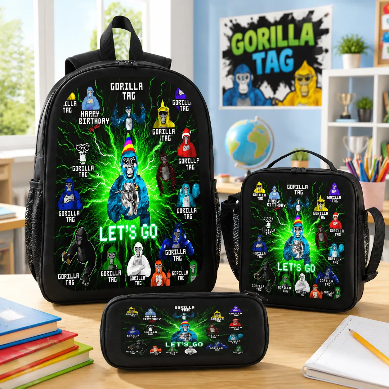 Gorilla Tag 3PCS Backpack Set with Lunch Bag Pencil Case Gaming Style School Backpack Lightweight Travel Daypack Bookbag for Boys Girls Teens Gamer Fans Back to School Gift Trendy Cartoon Backpack Bundle TikTok Viral Backpack Set