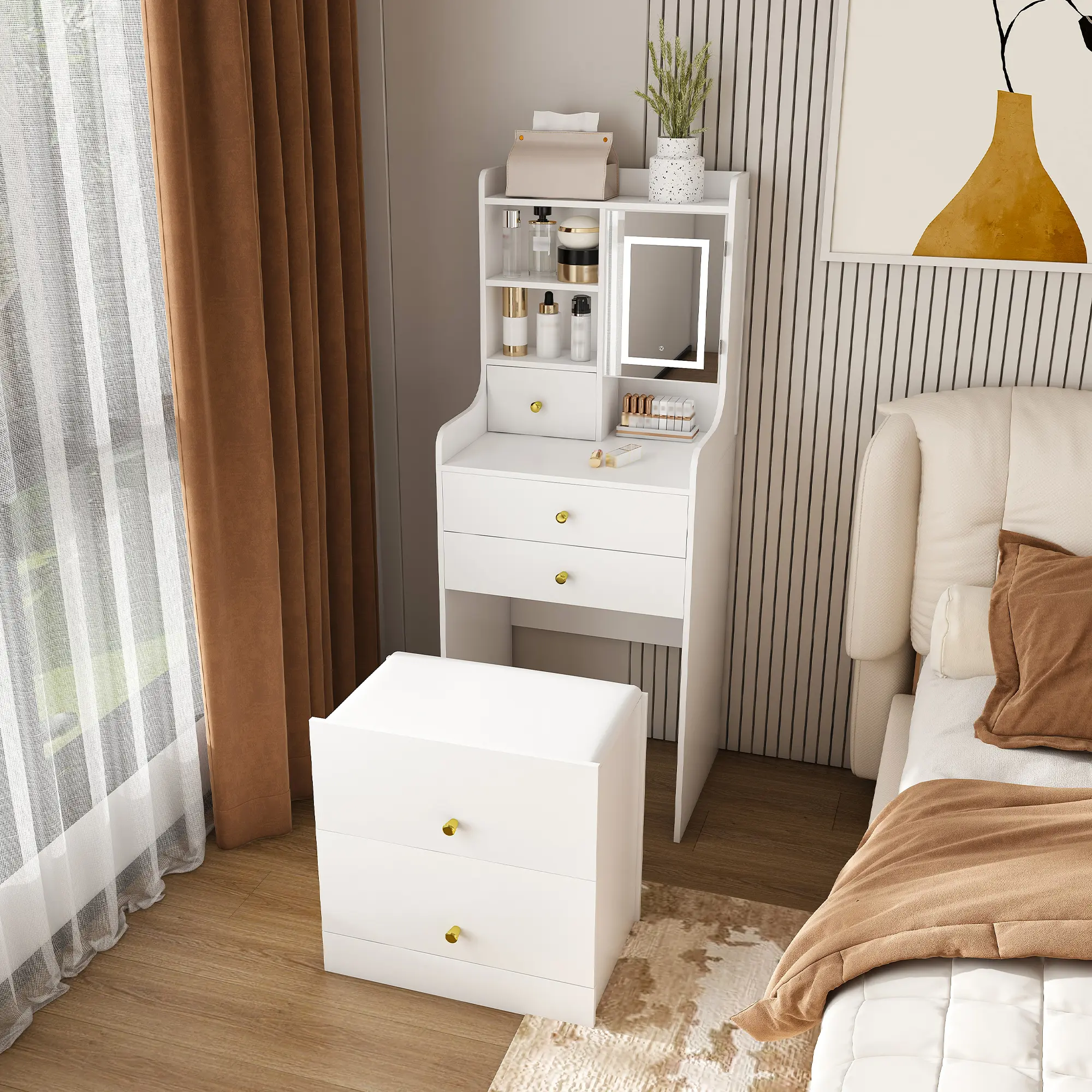 3-in-1 LED Vanity Dresser Set with Vanity Nightstand, Space-Saver Compact for Small Spaces, Adjustable Lighted Mirror, 4 Drawers, Storage Cabinet, Hidden Stool, Open Bookshelf for Bedroom Organization