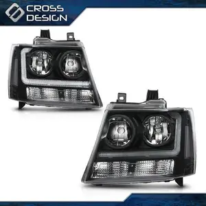 CROSSDESIGN Fits 07-14 Chevy Tahoe Suburban Clear Lens Black Housing Headlights Lamps LED