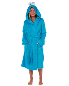 Sesame Street Robe Cookie Monster Adult Faux Fur Self-Tie Hooded Bathrobe
