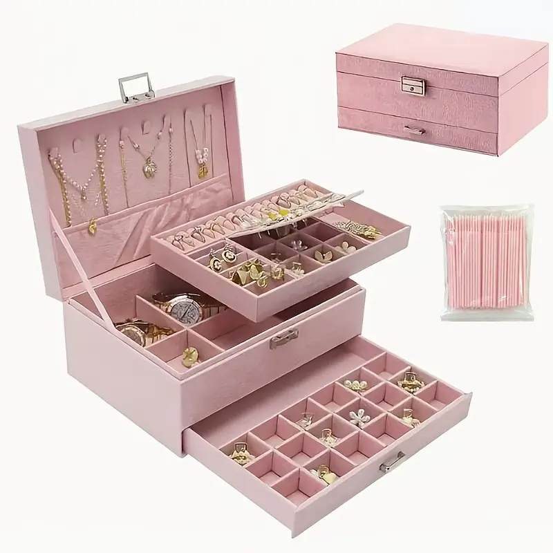 Women's 3-Layer Velvet Jewelry Organizer Box - Rectangular Vanity Desktop Durable Storage Organizer, Compartmentalized Divided Compartments Case with Drawers-Hooks, Gift Boxed for Birthday Gifting