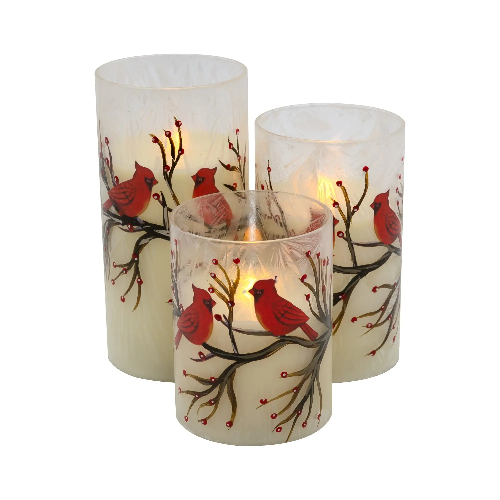 LumaBase Battery-Operated Red Cardinal Glass Hurricane Wax Candles (Set of 3) - Flickering Amber LED Light, Timer Function, Cream Cozy Glow, Home Decor for Indoor Lighting Accessories