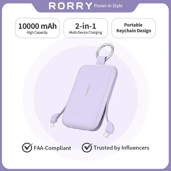 RORRY 10000mAh 30W Fast Charge Power Bank with 2 Built-in Cables, Mini Keychain Portable Charger for iPhone, Android, Smartphone, Mobile & USB Electronic Devices (Back to School),back to school,back to school haul