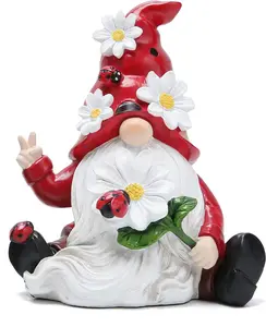 Daisy & Ladybug Garden Gnome Statue – Hand-Painted Resin Outdoor Decor for Patio, Yard & Porch