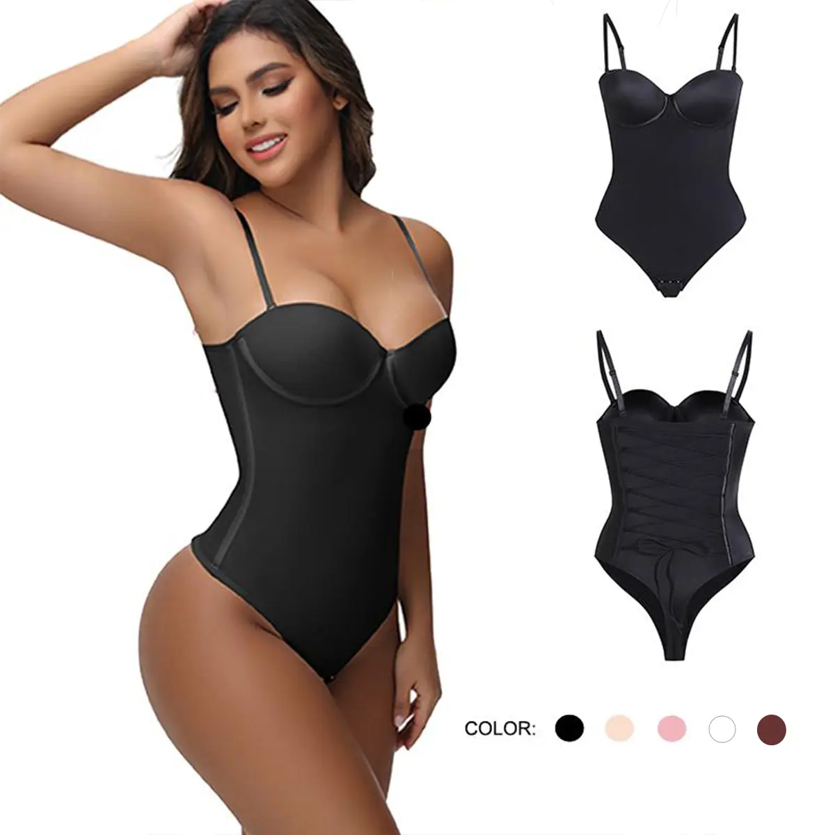 JOSHINE Shapewear Corset - Women's Large Cup 1-Piece Bodysuit, Waist Cincher, Backless Strapless Back-Tie Sleeveless Pleated Stretch Top, Body Slimming Minimalist Underwear Basic Blk