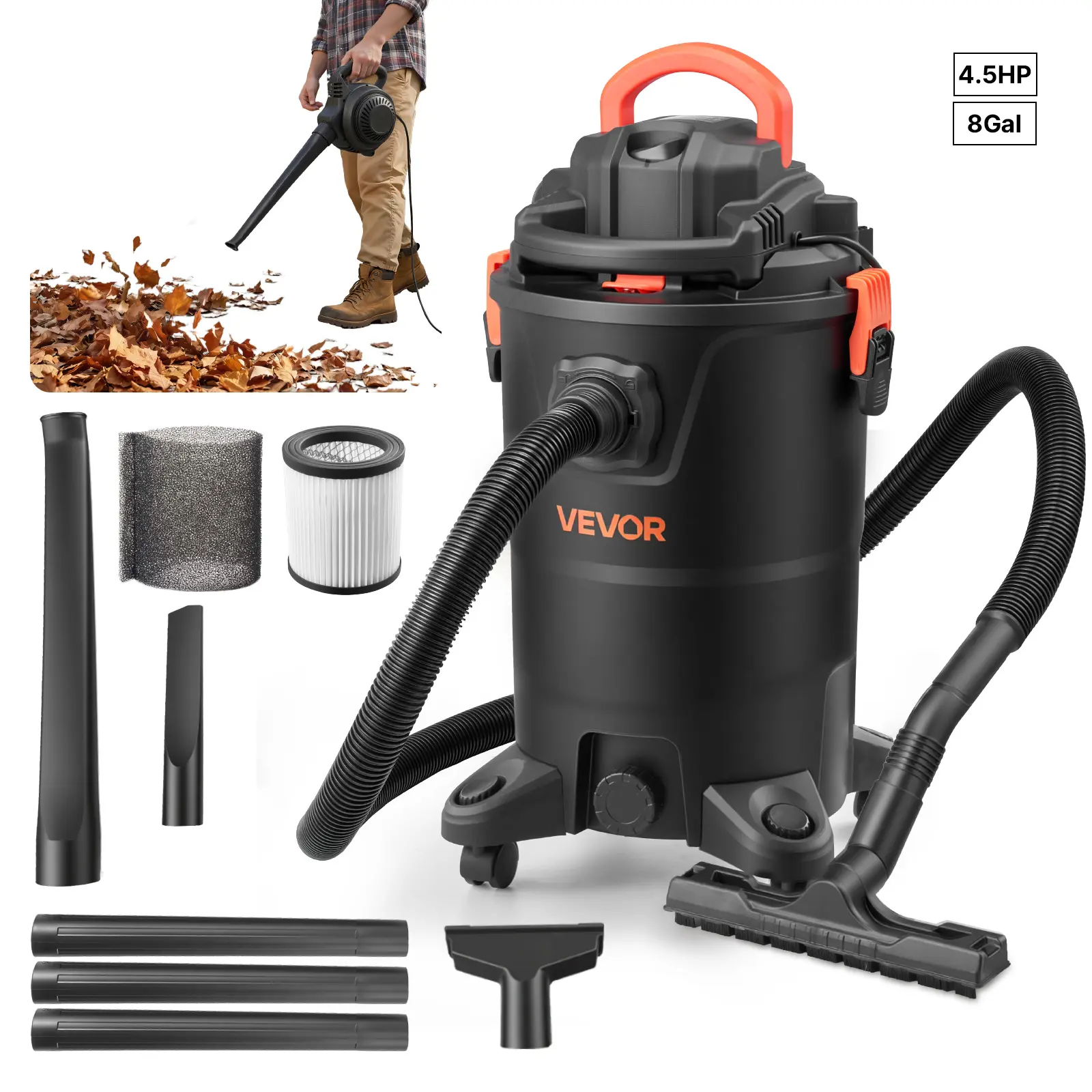 【summerfinds】VEVOR 3-in-1 Shop Vac, 11 Gallon Wet Dry Shop Vacuum, 4.5 Peak HP Portable Vacuum Cleaner with Blower, Dual-Filter, 1350W Input Power, 1.25in x 7ft Hose, 9.8ft Cord for Jobsite, Workshop, Garage, Home